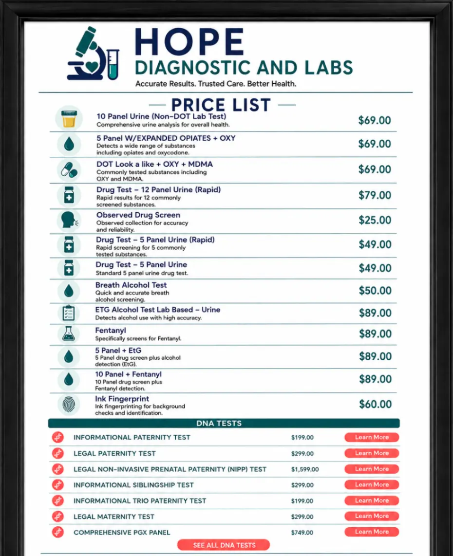 Hope Diagnostic and Labs price list for drug, alcohol, ink fingerprint, and DNA tests